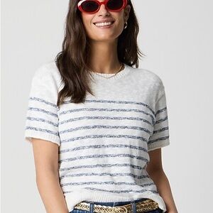 J. Crew Factory White Crewneck Sweater with Blue Stripes
